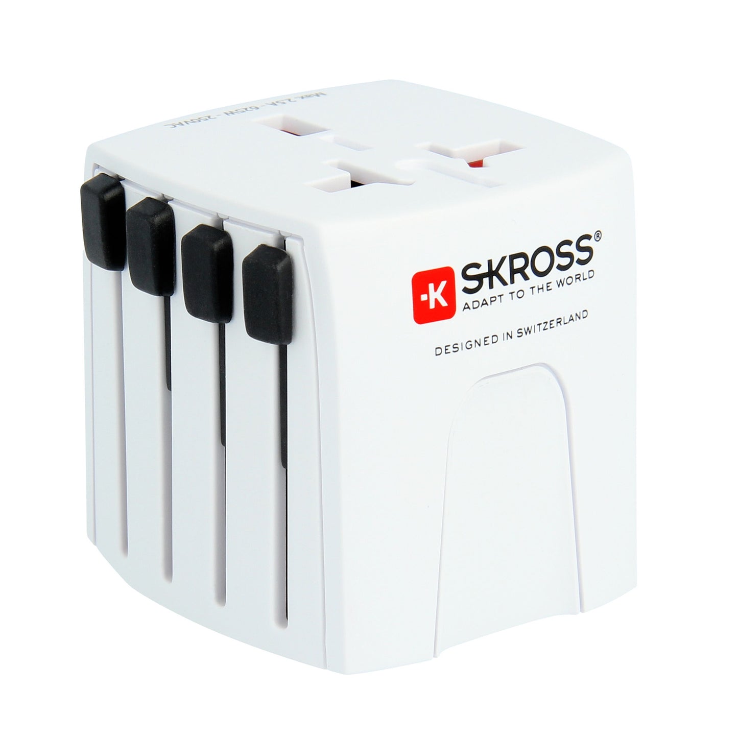 Skross Muv Micro Jordet Universal rejseadapter med sorte sideskydeknapper, flere topstik, Skross-logo og Designed in Switzerland-tekst.