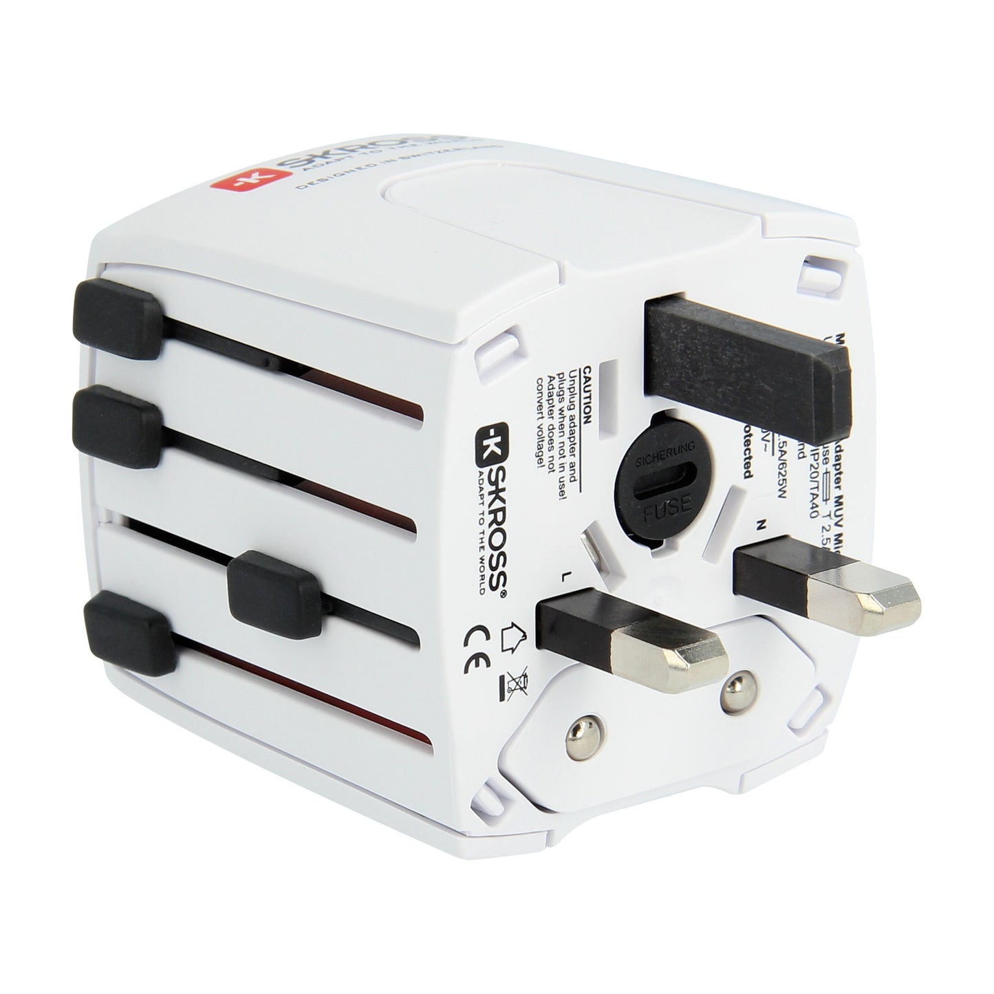 Skross Muv Micro Universal rejseadapter med flere stiktyper, Skross-logo og certificeringsmærker på siden.
