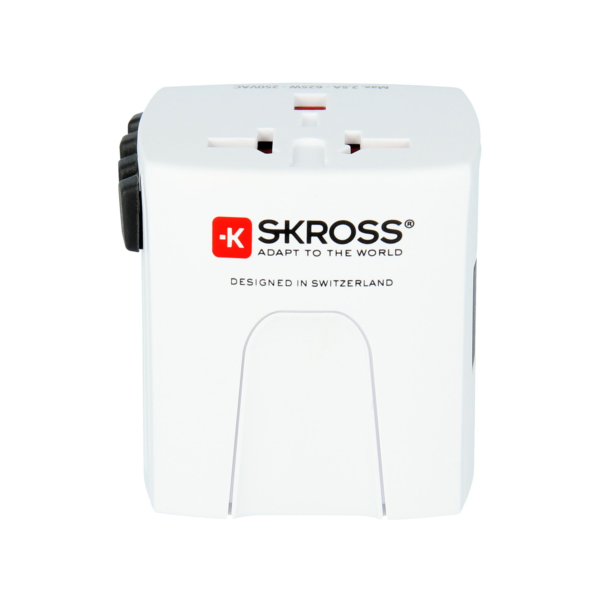 Skross Muv Micro Jordet rejseadapter Universal, kompakt rektangulær, tekst "Adapt to the World, Designed in Switzerland.