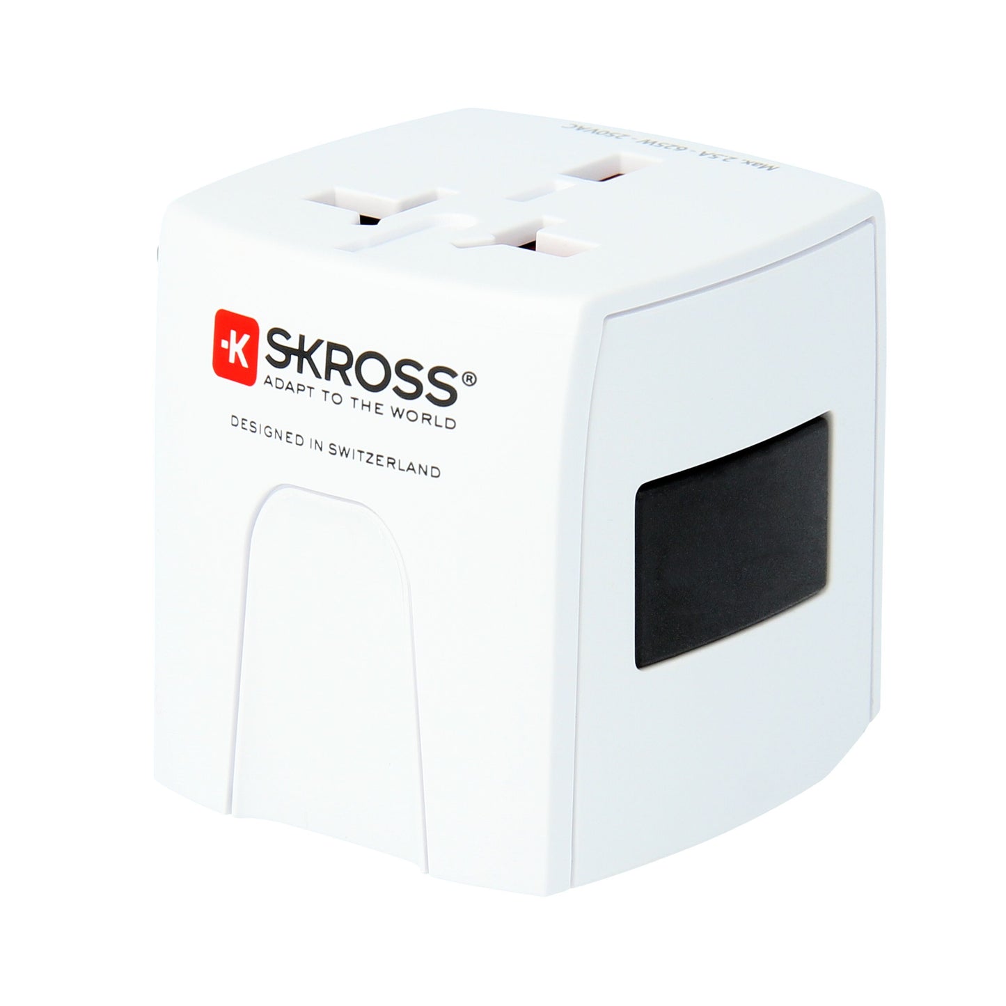 Skross Muv Micro Jordet universal rejseadapter, hvid, flere stikindgange, sort knap, rødt Skross-logo og "Designed in Switzerland.