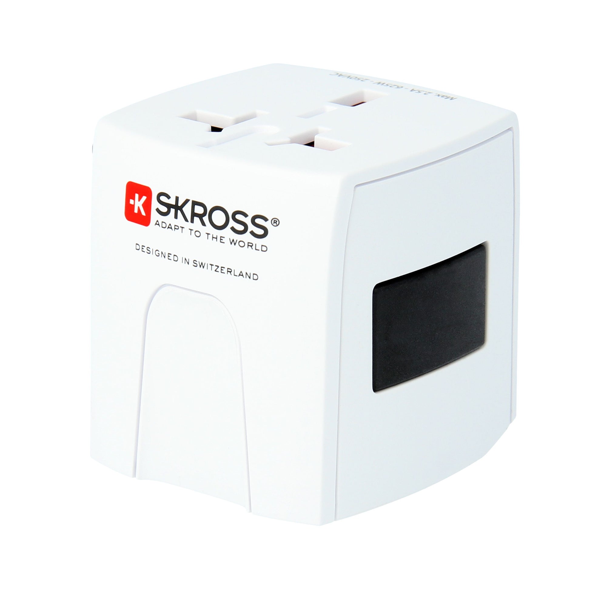 Skross Muv Micro Jordet universal rejseadapter, hvid, flere stikindgange, sort knap, rødt Skross-logo og "Designed in Switzerland.