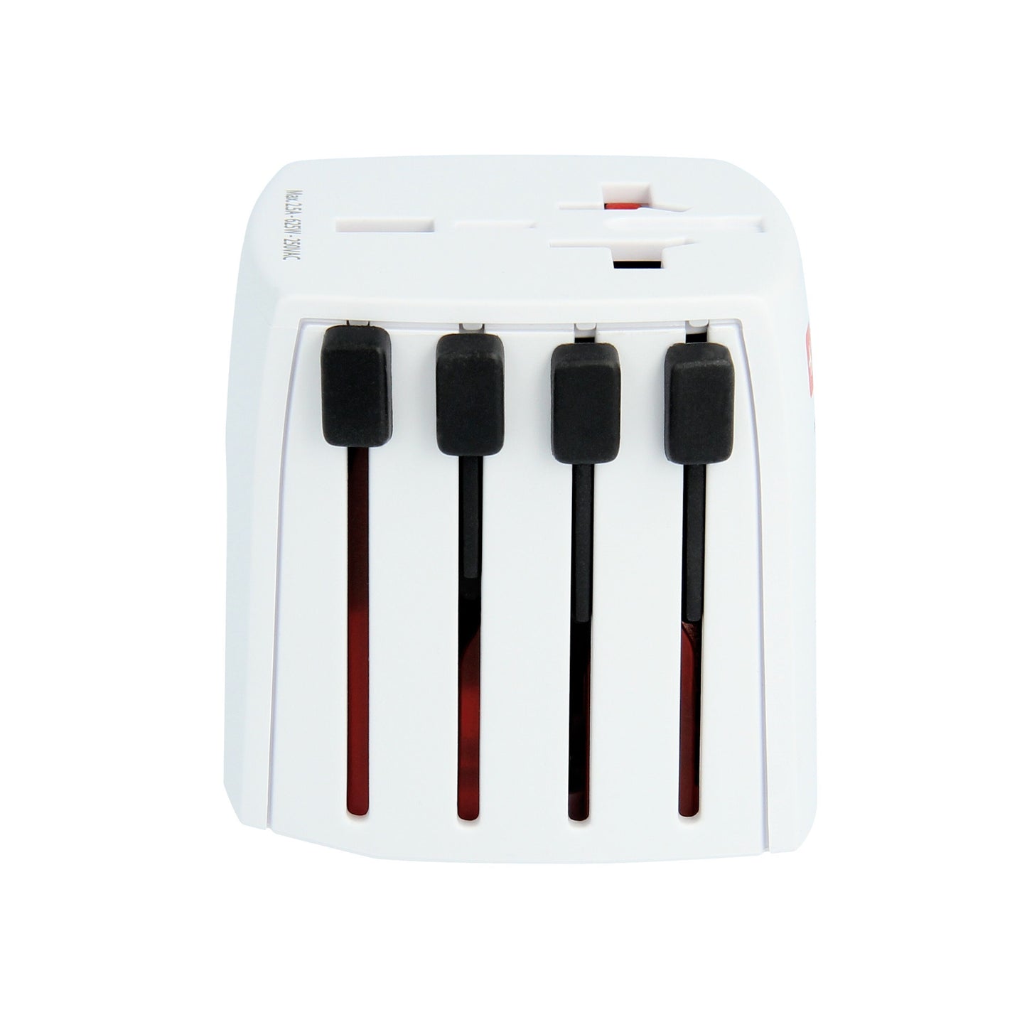 Skross Muv Micro Jordet rejseadapter Universal, hvid med fire slags skydeknapper og flere stikåbninger.