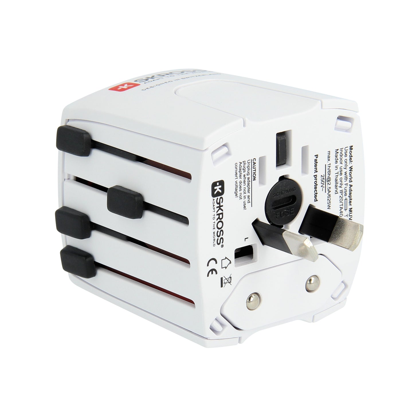 Skross Muv Micro Jordet universal rejseadapter med flere stiktyper, sorte sideskyderknapper og tydelige instruktioner.