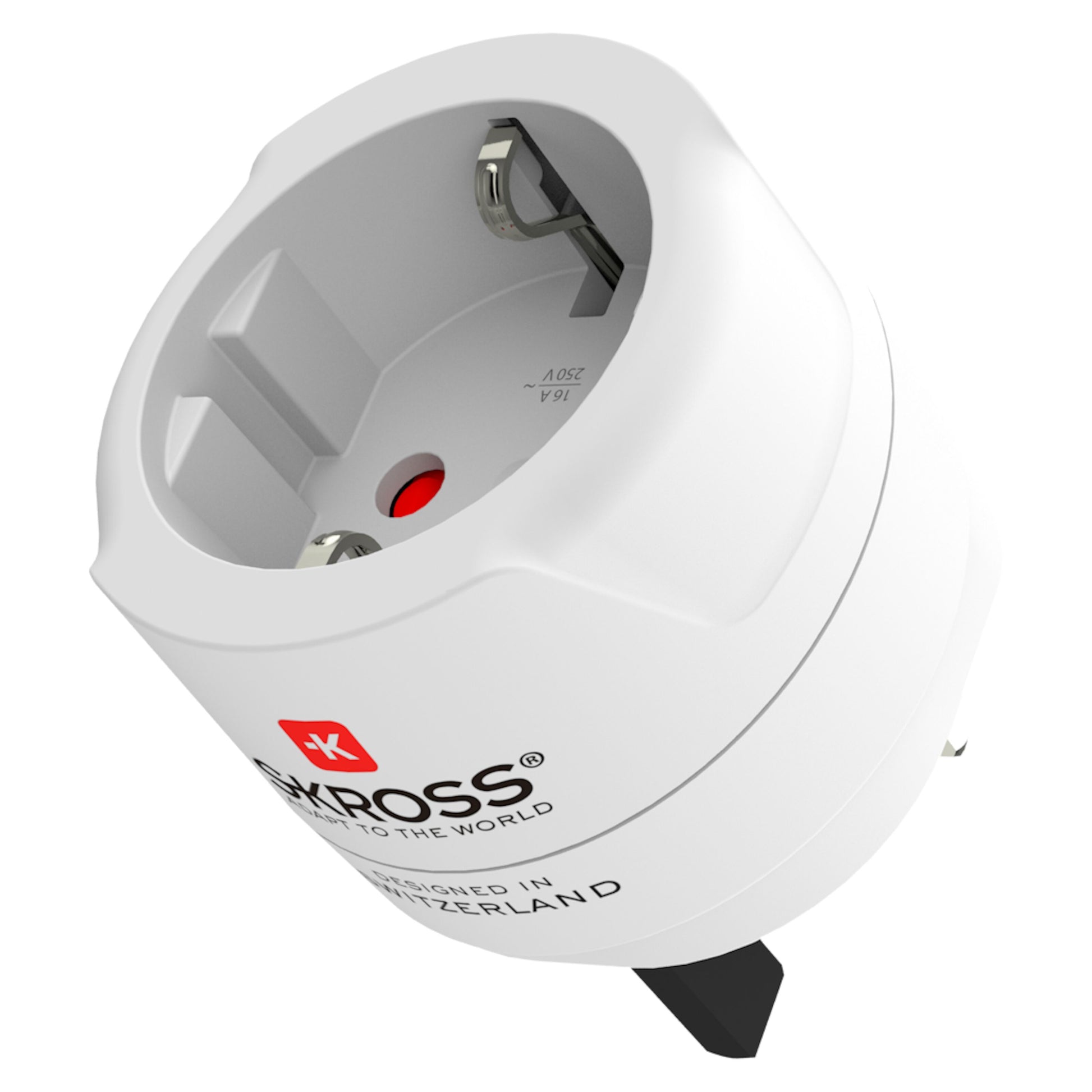 Skross Jordet rejseadapter UK med metalben, rødt Skross-logo, til type G stik, designet i Schweiz.