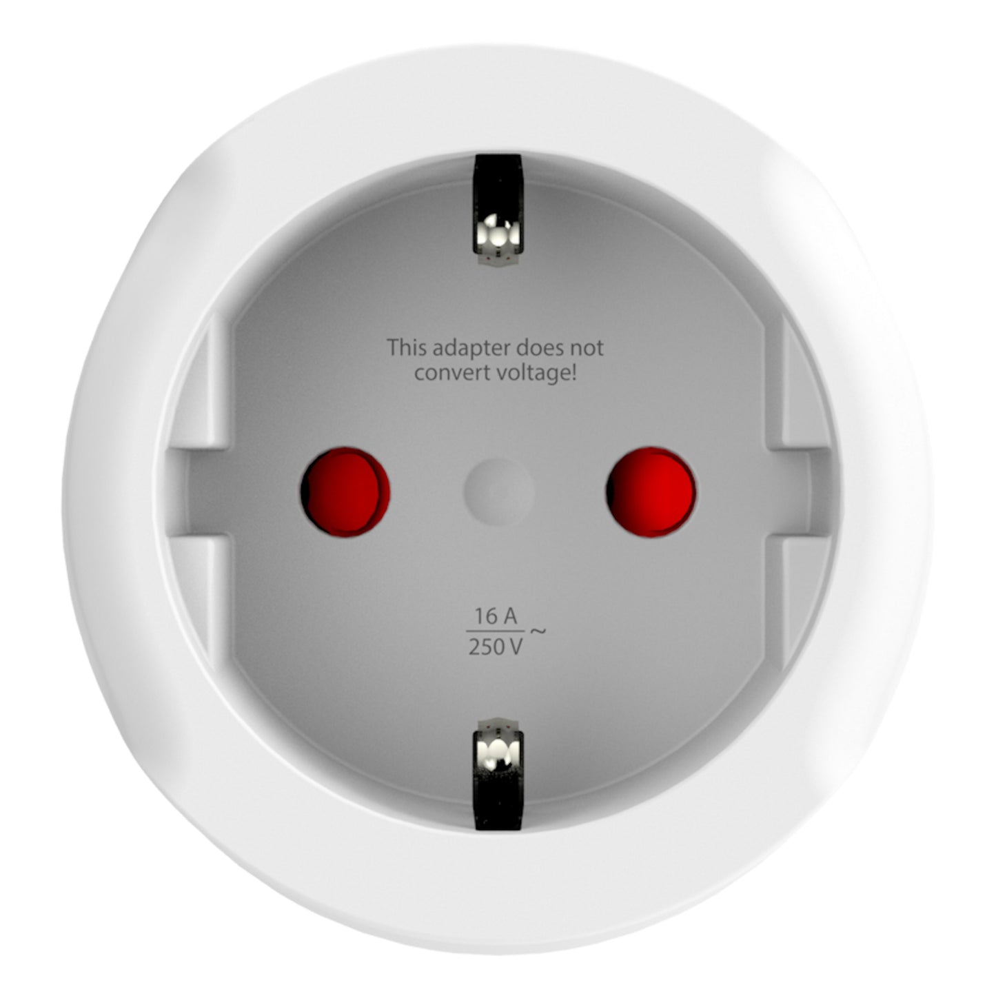 Skross rund hvid jordet rejseadapter UK, til runde huller, metalben, 16A 250V~, type G, "Denne adapter konverterer ikke spænding.