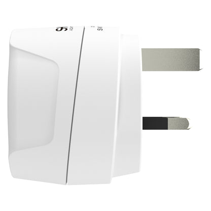 Skross Jordet rejseadapter UK, to ben, type G kompatibel, diskret logo, set fra siden.