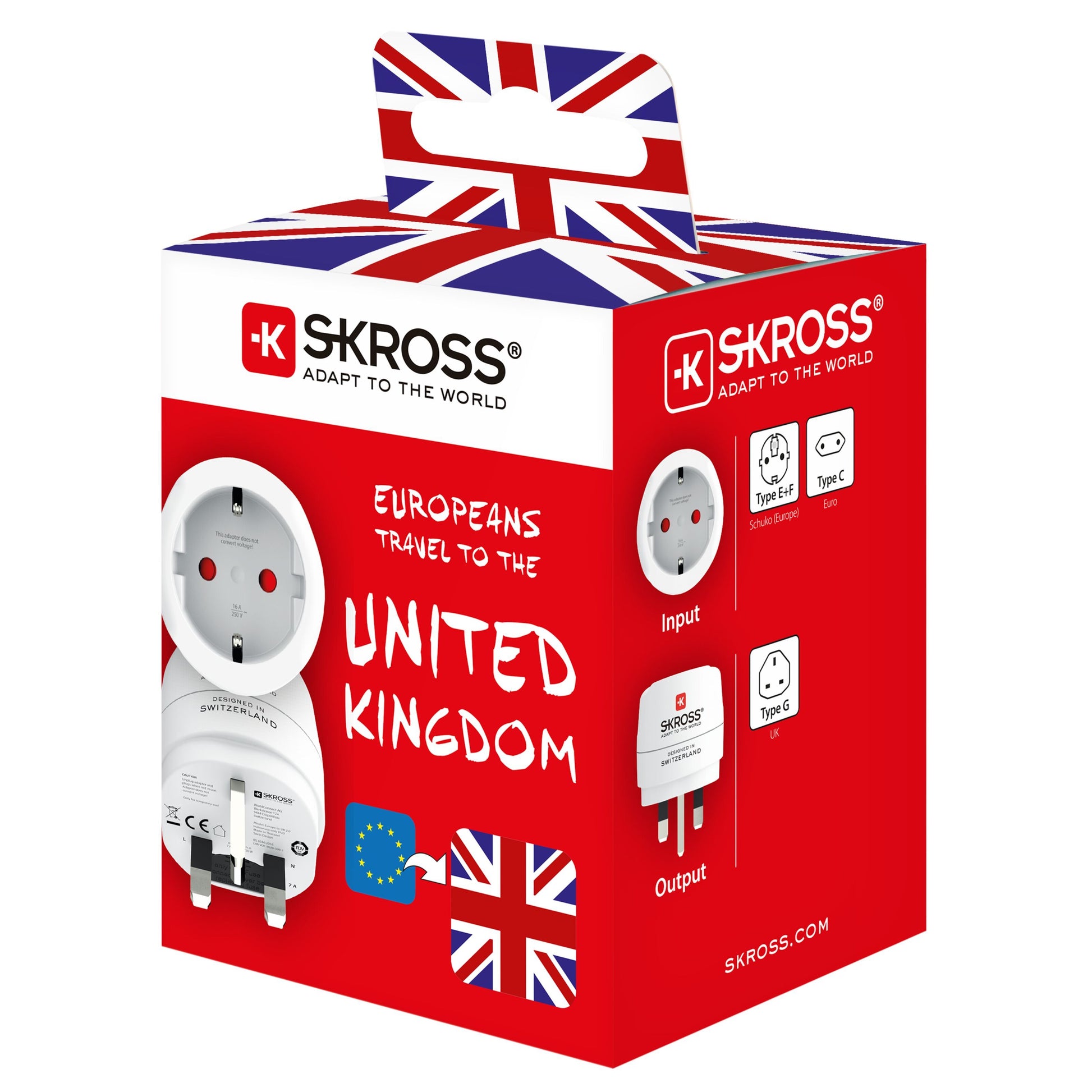 Skross jordet rejseadapter UK, rød emballage med type G stik, UK flag og "EUROPEANS TRAVEL TO THE UNITED KINGDOM.