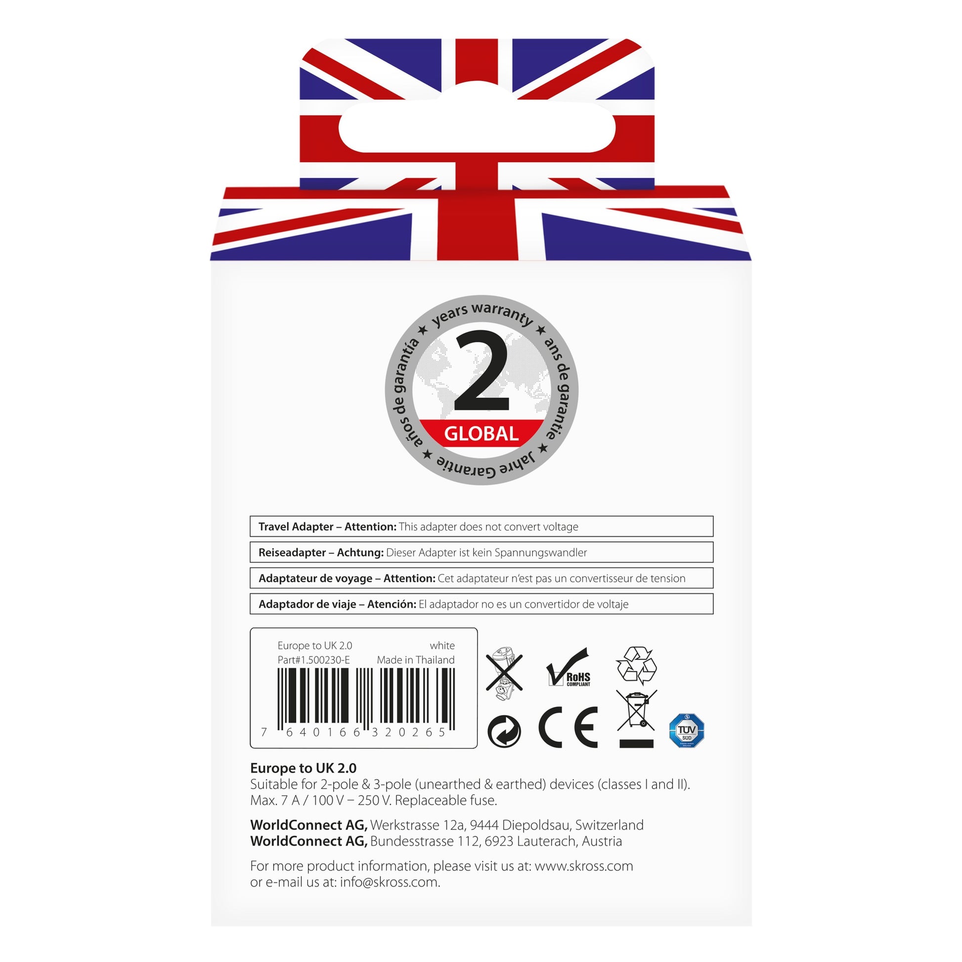 Skross Jordet rejseadapter UK, stor Union Jack, 2 års garanti mærke, engelsk/tysk/fransk tekst, type G kompatibel.