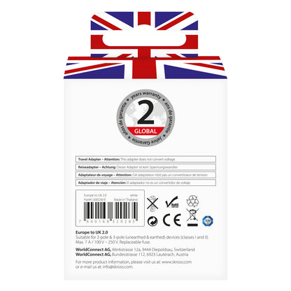 Skross Jordet rejseadapter UK, stor Union Jack, 2 års garanti mærke, engelsk/tysk/fransk tekst, type G kompatibel.