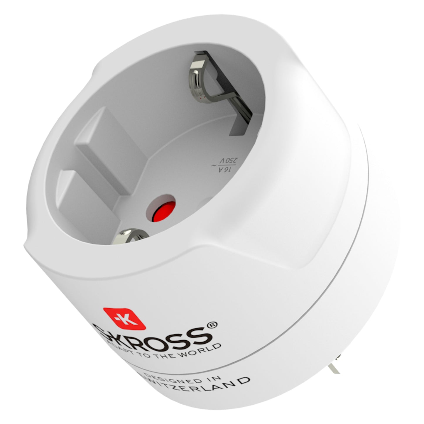 SKROSS Jordet rejseadapter USA, hvid med metalben, rød knap, SKROSS-logo og "DESIGNED IN SWITZERLAND"-tekst, C til B stik.