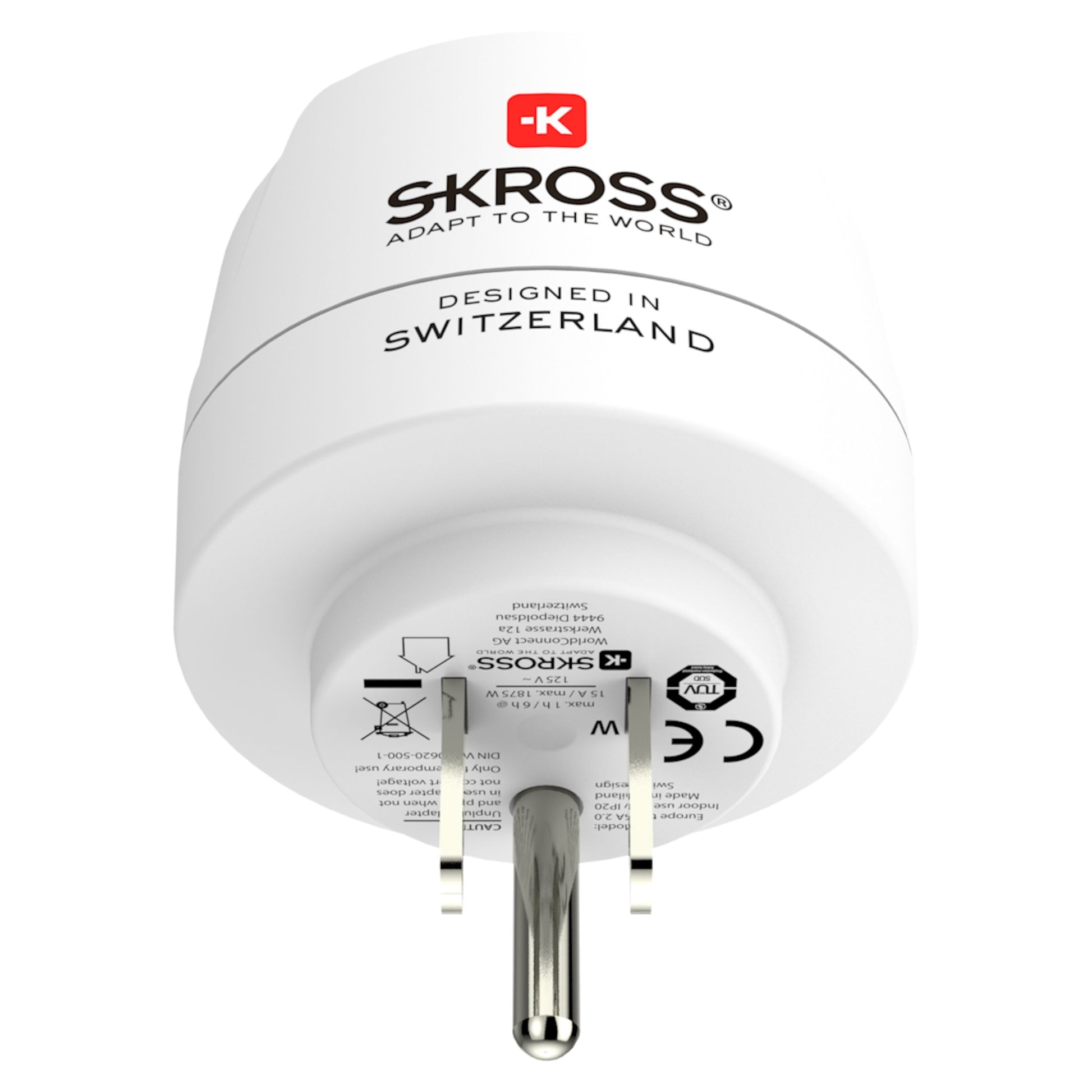 Skross Jordet rejseadapter USA med to runde stikben, etiketter "DESIGNED IN SWITZERLAND" og "ADAPT TO THE WORLD", type C til B.