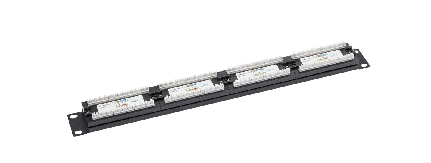 19" patchpanel UTP Cat. 6 med 24 porte til netværkskabler, standard rackmontering, sort.