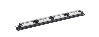 19" patchpanel UTP Cat. 6 med 24 porte til netværkskabler, standard rackmontering, sort.