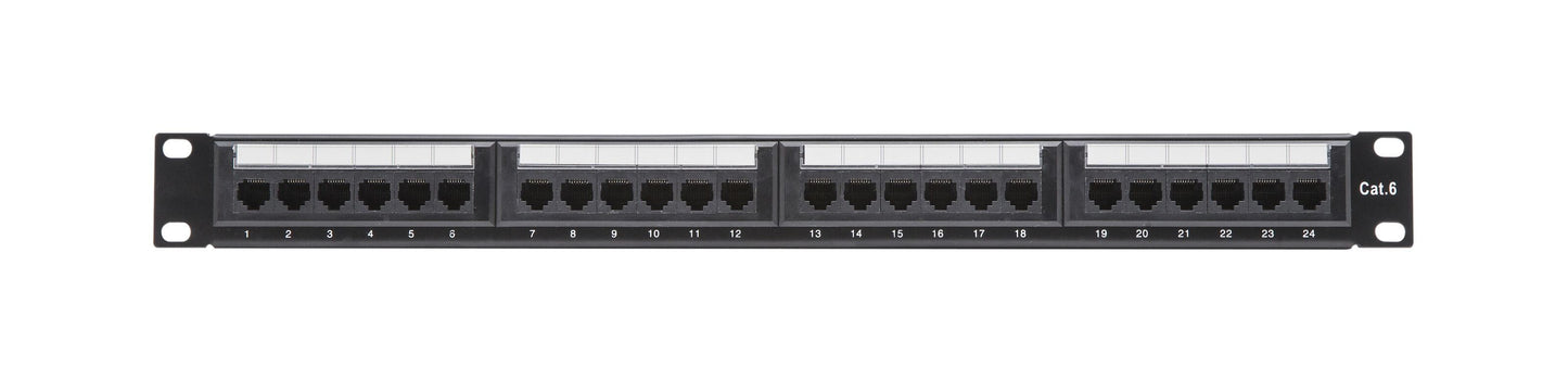 Patchpanel 19" UTP Cat.6 med 24 nummererede porte, tydelig mærkning og sort front til montering i standard 19" rack.