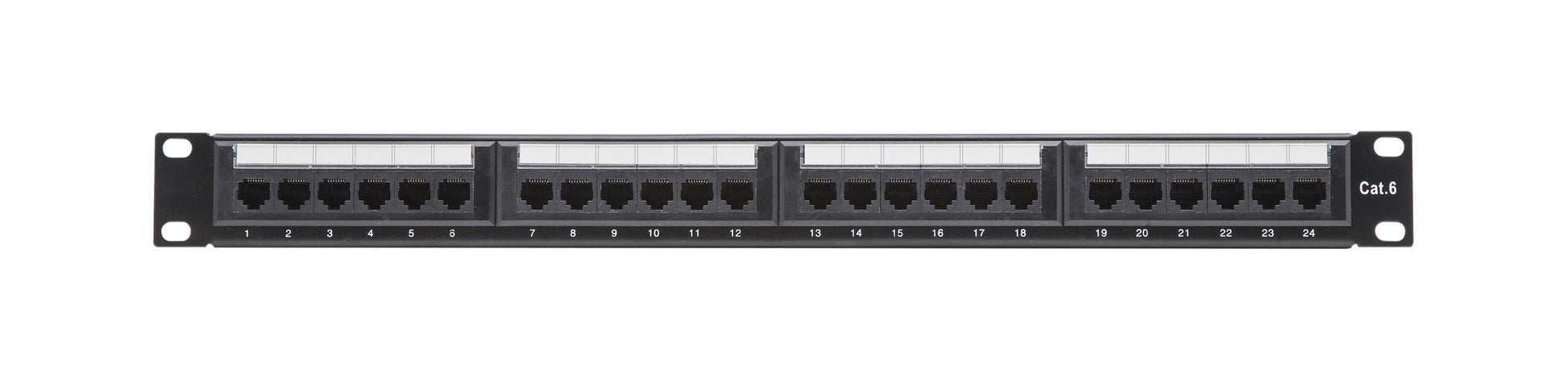 Patchpanel 19" UTP Cat.6 med 24 nummererede porte, tydelig mærkning og sort front til montering i standard 19" rack.