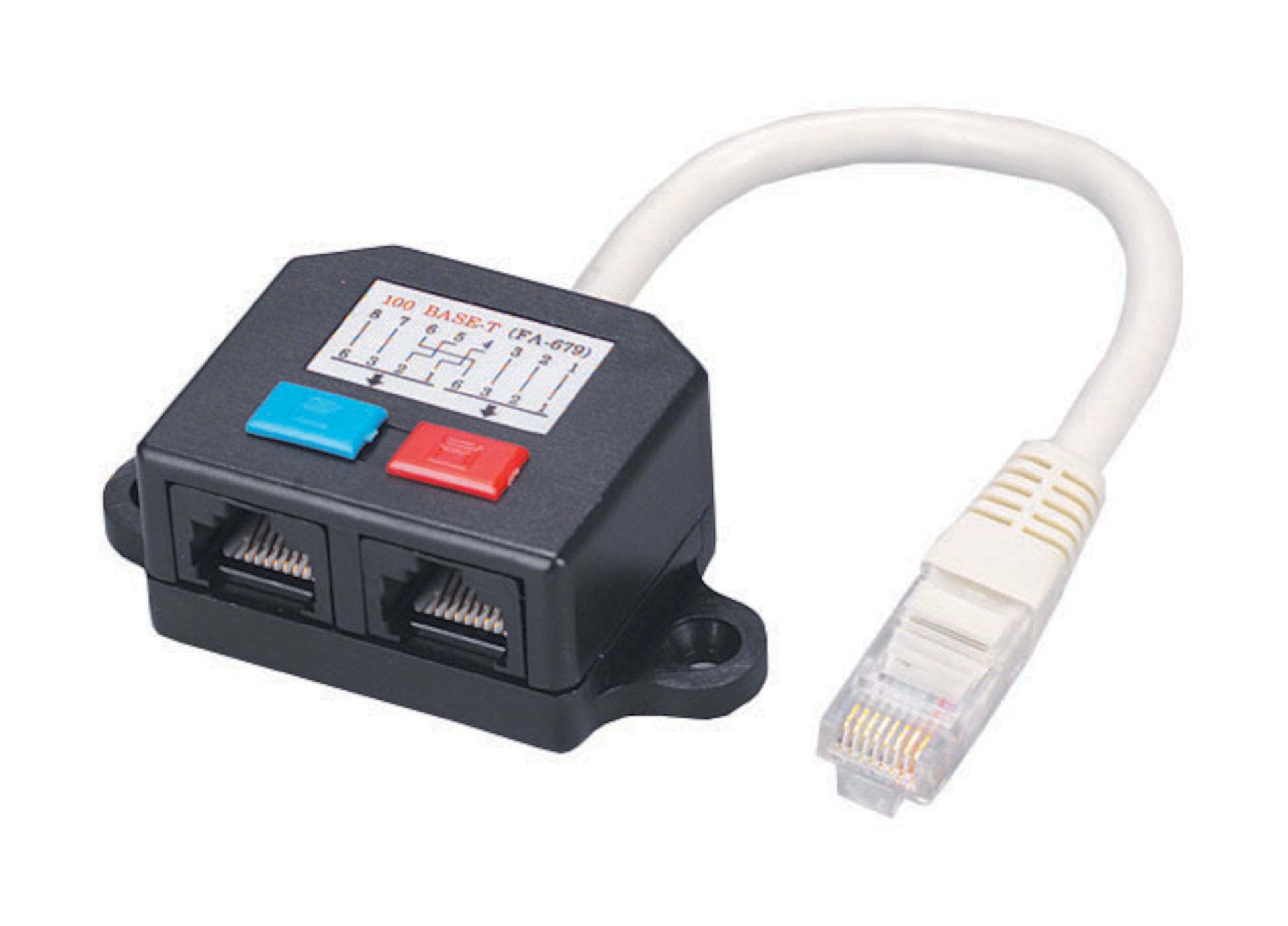 Kabelsplitter Cat. 5e UTP, sort, til RJ45-porte, røde og blå knapper, ledningsdiagram på toppen, kort hvid netværkskabel.