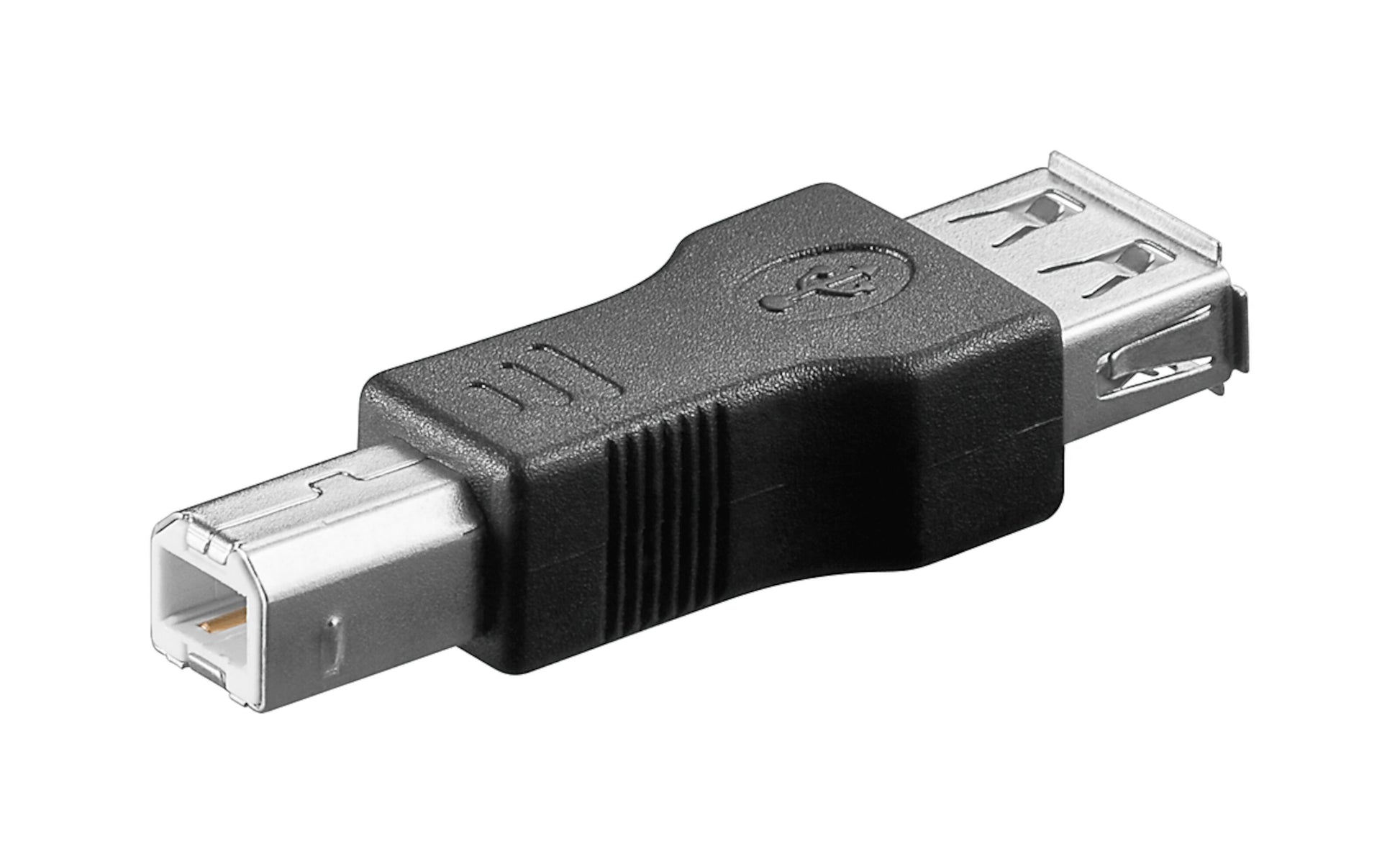 Luxorparts adapter USB hun til USB-B han i sort plast med metalstik, bruges ofte som printeradapter.