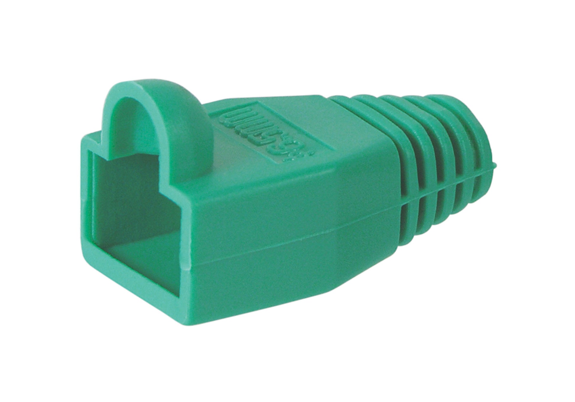 RJ45 kappe grøn med ribbet hale og buet låg til beskyttelse og farvekodning af Ethernet-stik.