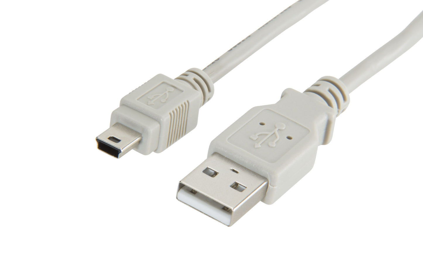 Mini-USB-kabel grå 1 m med USB-A og Mini-USB stik, USB-symbol synligt, understøtter dataoverførsel op til 480 Mb/s.