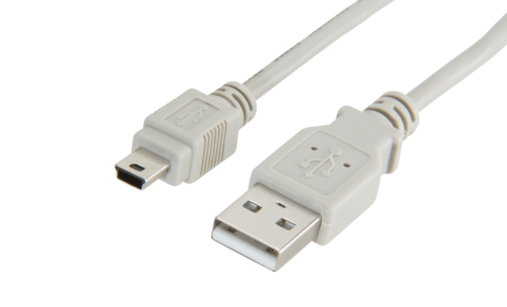 Mini-USB-kabel grå 1 m med USB-A og Mini-USB stik, USB-symbol synligt, understøtter dataoverførsel op til 480 Mb/s.