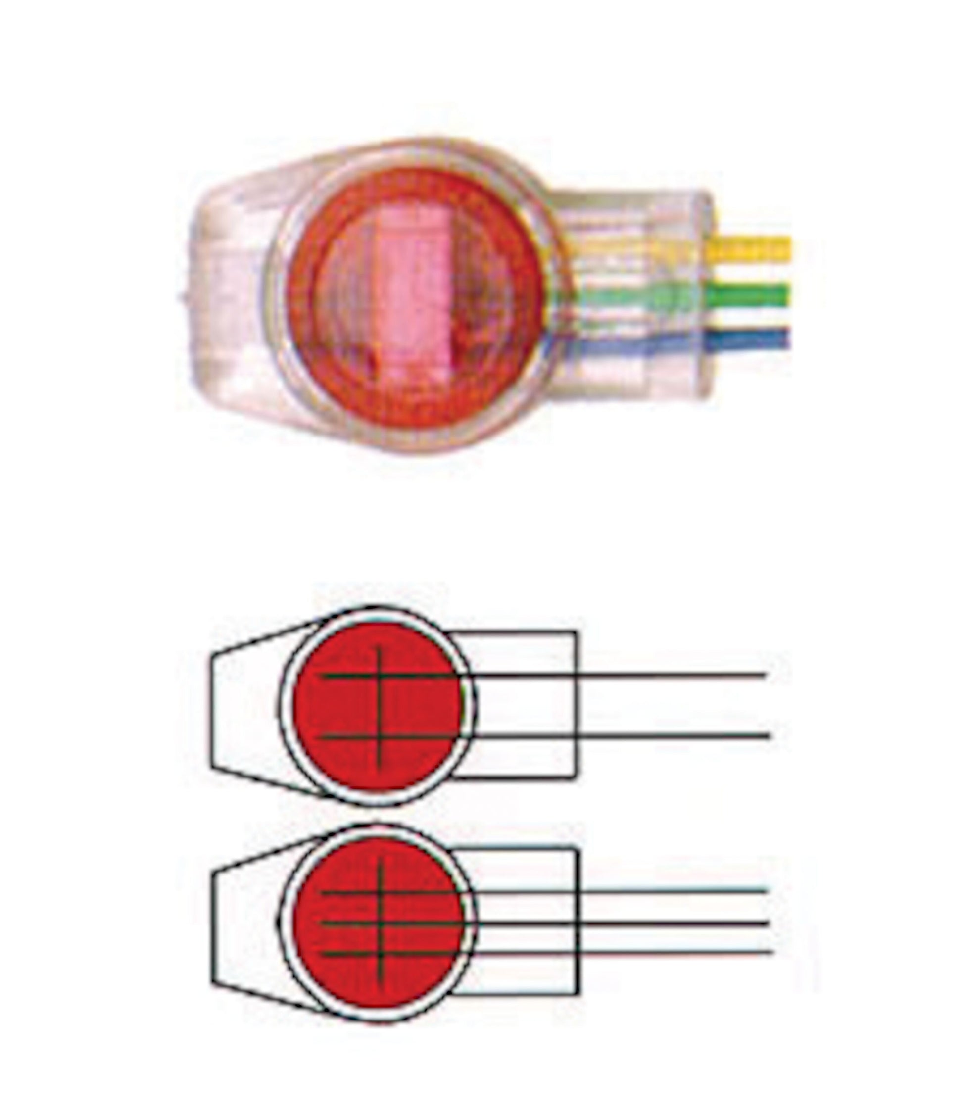 Skrueklemme transparent med rød cirkulær del og fire ledninger, tre-leder model vist med interne diagrammer.