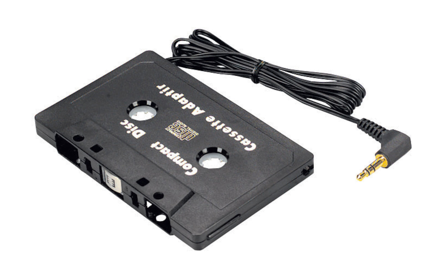 Kassetteadapter 3,5 mm stik sort til afspilning af musik fra digitale enheder via bilens kassetteafspiller.