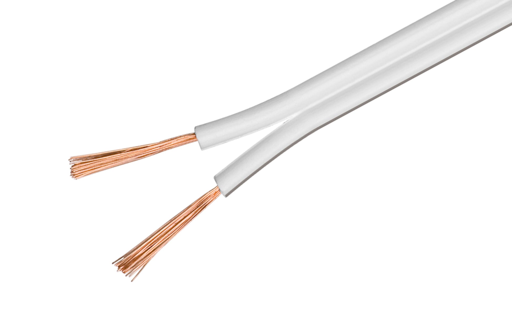 Højttalerkabel 2,5 mm², hvid, 2 stk á 10 m, afisolerede ender for nem tilslutning.