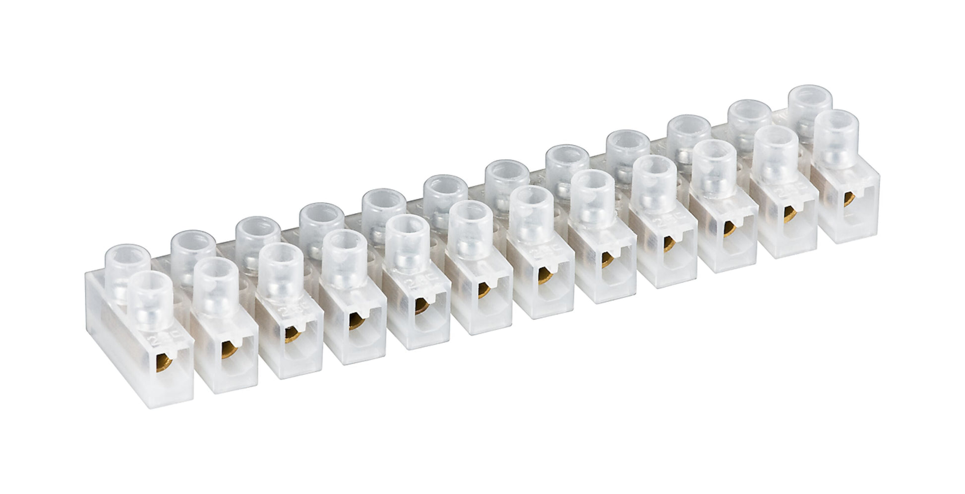 Koblingsliste 0,5-2,5 mm² transparent plast med flere skrueklemmer til ledningsforbindelse.
