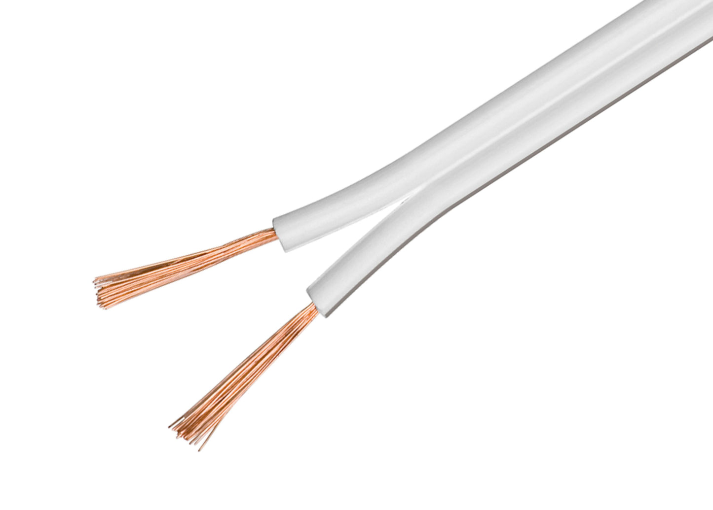 Højttalerkabel 0,75 mm² hvid 25 m, hvid isolering åbnet for enderne med synlige kobbertråde.