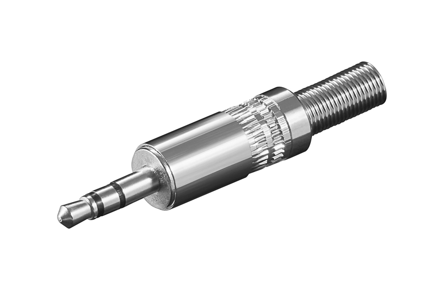 3,5 mm stereo han metalstik med rillet greb og gevind til lydkabler.