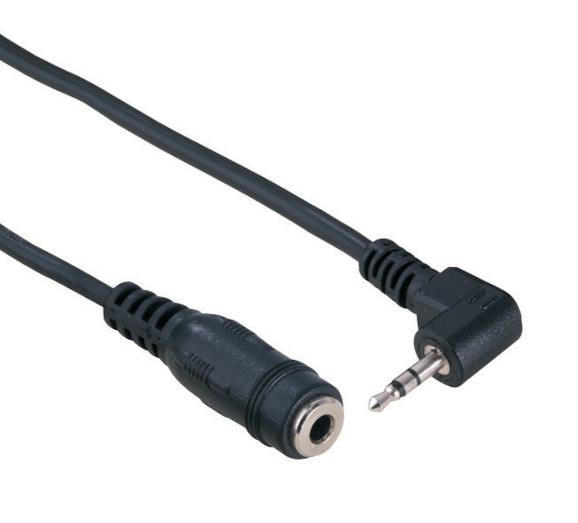 Adapterkabel 3,5 mm hun til 2,5 mm han vinkelstik, sorter kabel, lige 3,5 mm indgang og vinklet 2,5 mm stik.