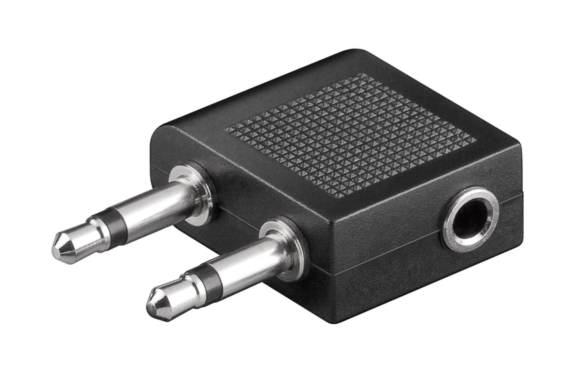 Sort headsetadapter med til 3,5 mm hanstik, ét 3,5 mm hunstik og riflet overflade til bedre greb.