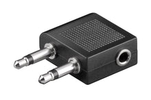 Sort headsetadapter med til 3,5 mm hanstik, ét 3,5 mm hunstik og riflet overflade til bedre greb.