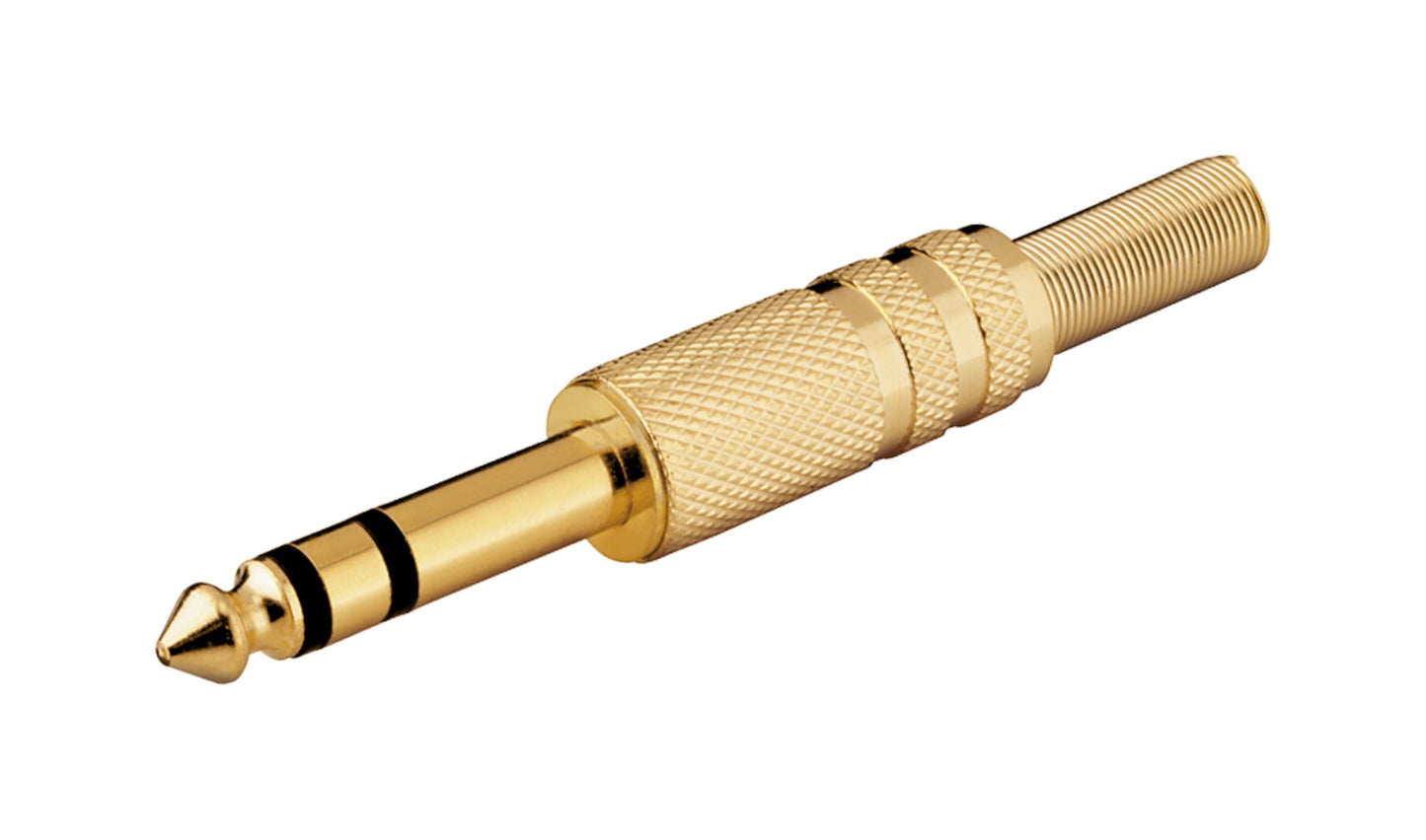 Forgyldt 6,3 mm stereohanstik med rillet greb, for at sortere isolationsringe og loddeforbindelse.