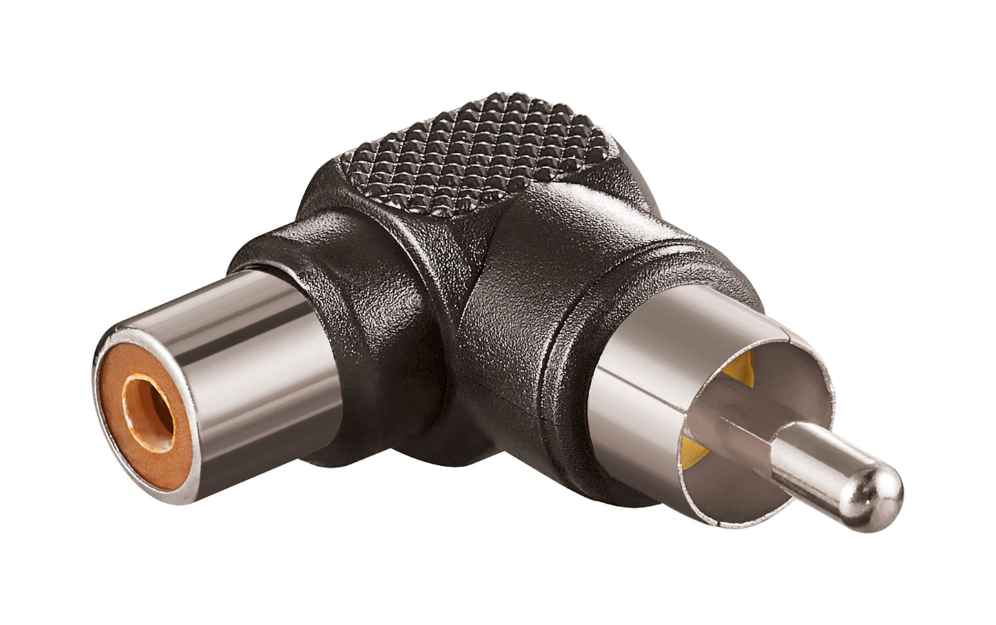 Luxorparts RCA-vinkel adapter sort med riflet greb, han-til-hun stik.
