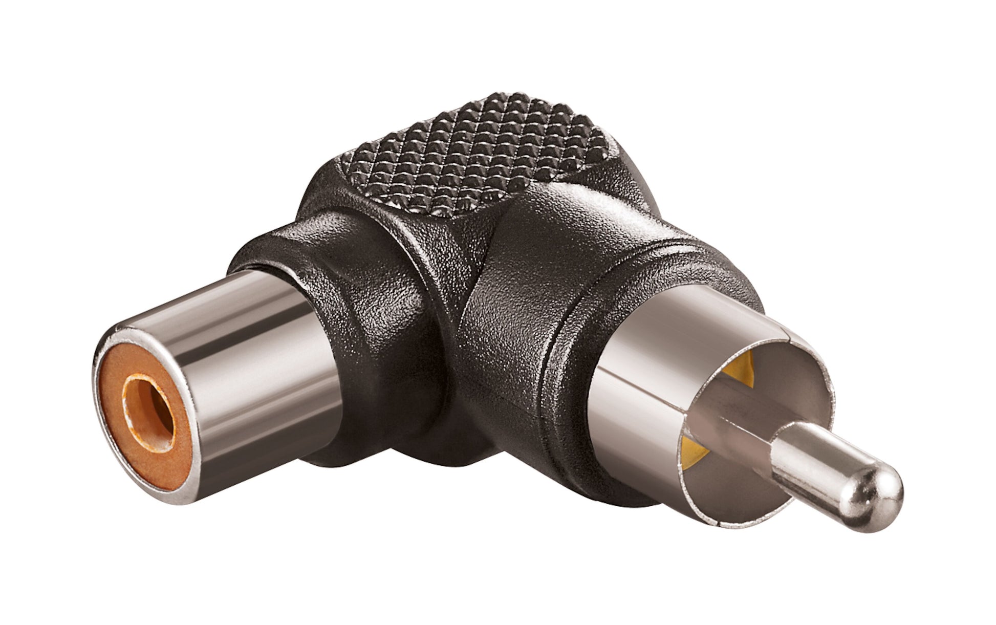 Luxorparts RCA-vinkel adapter sort med riflet greb, han-til-hun stik.