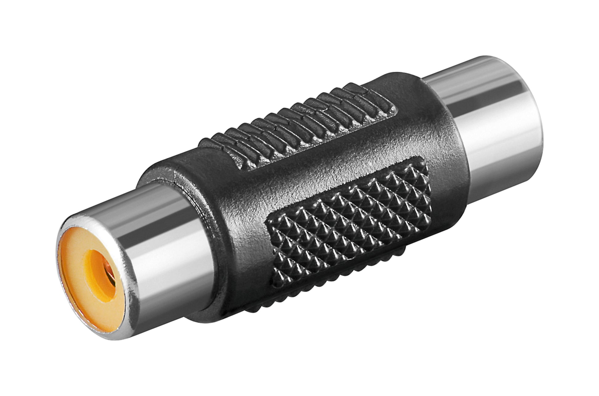 Dobbelt hun RCA Standard adapter med metalender og gul ring i én port til tilslutning af to RCA-kabler audio/video.