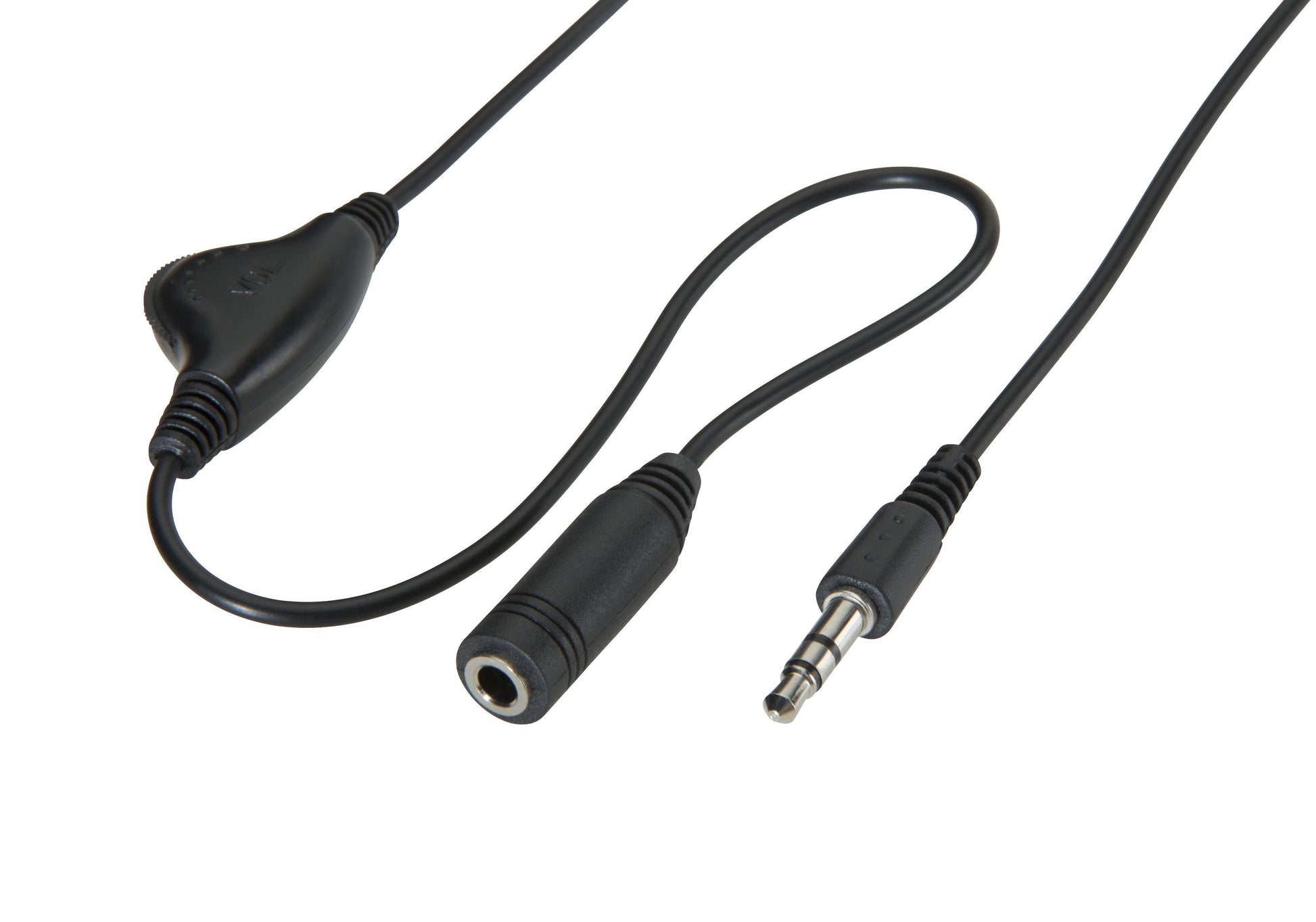 Nedis hovedtelefonforlængerledning sort med 3,5 mm han-til-hun-stik og indbygget analog volumenkontrol.