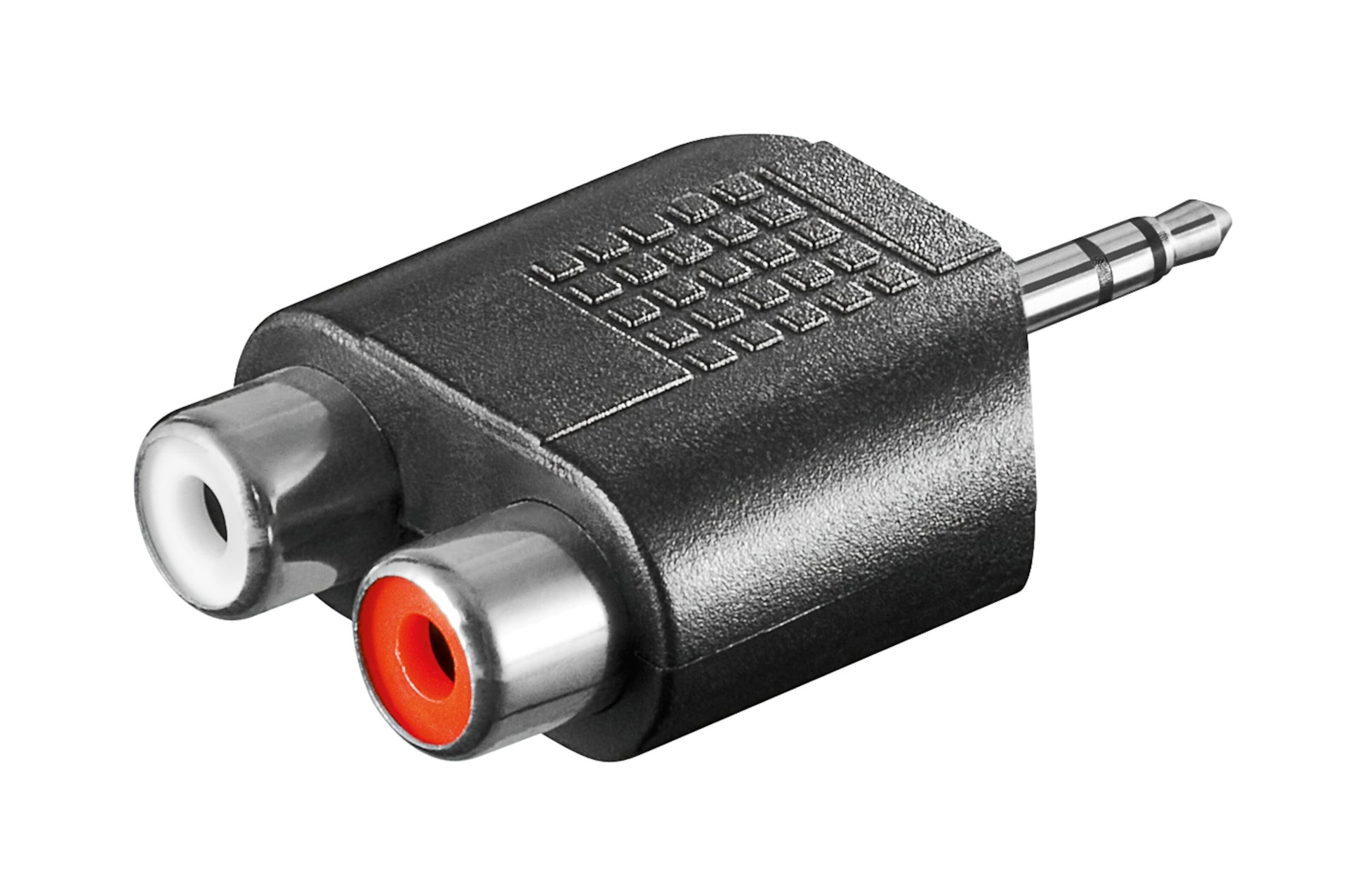 Adapter 3,5 mm han mini-jack til 2x hun RCA (hvid/rød), sort, stereo audio signal converter.
