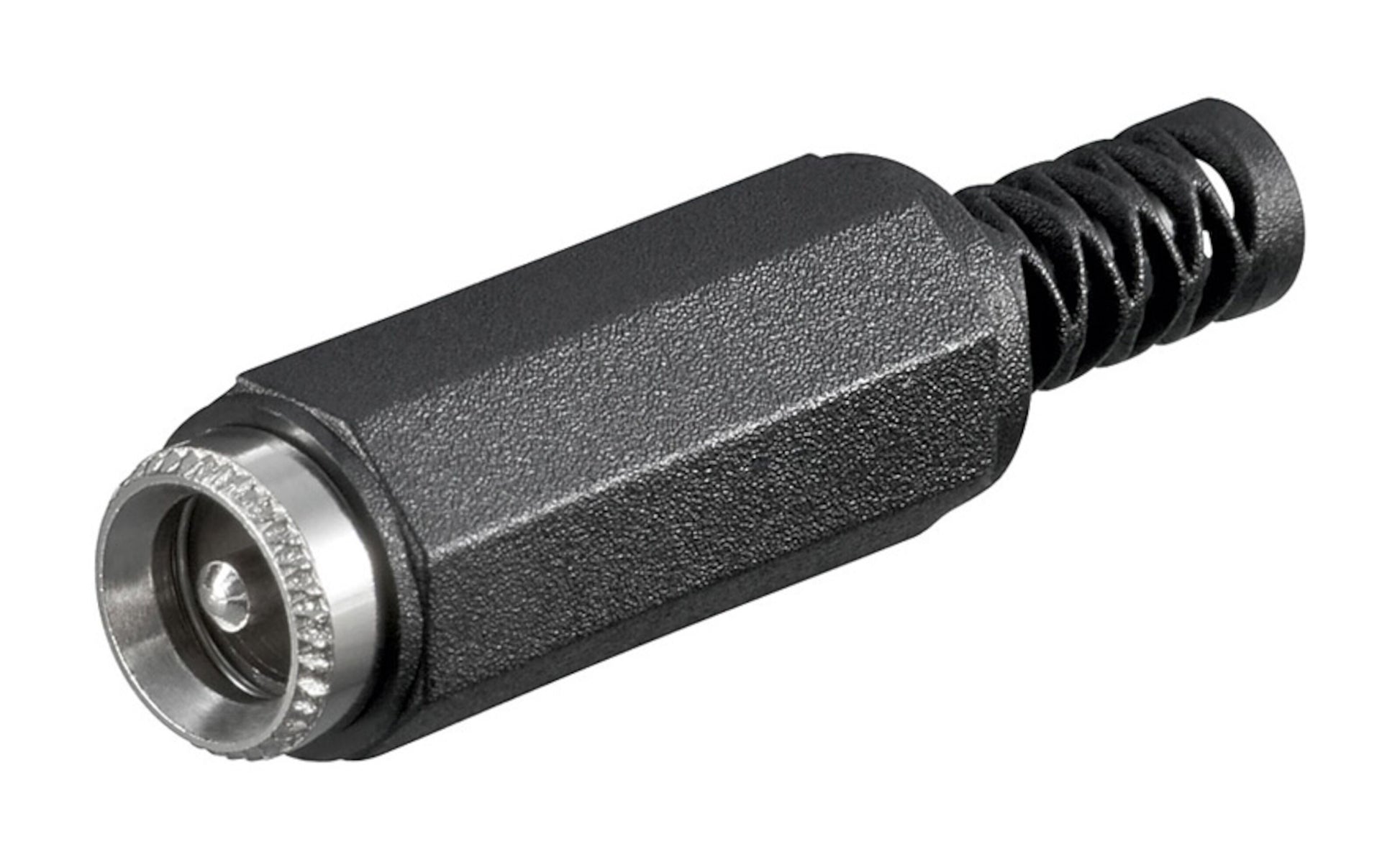 DC-stik med midterstift og loddeforbindelse 2,5 mm adapter, metalring og mønstret greb.