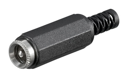 DC-stik med midterstift og loddeforbindelse 2,5 mm adapter, metalring og mønstret greb.