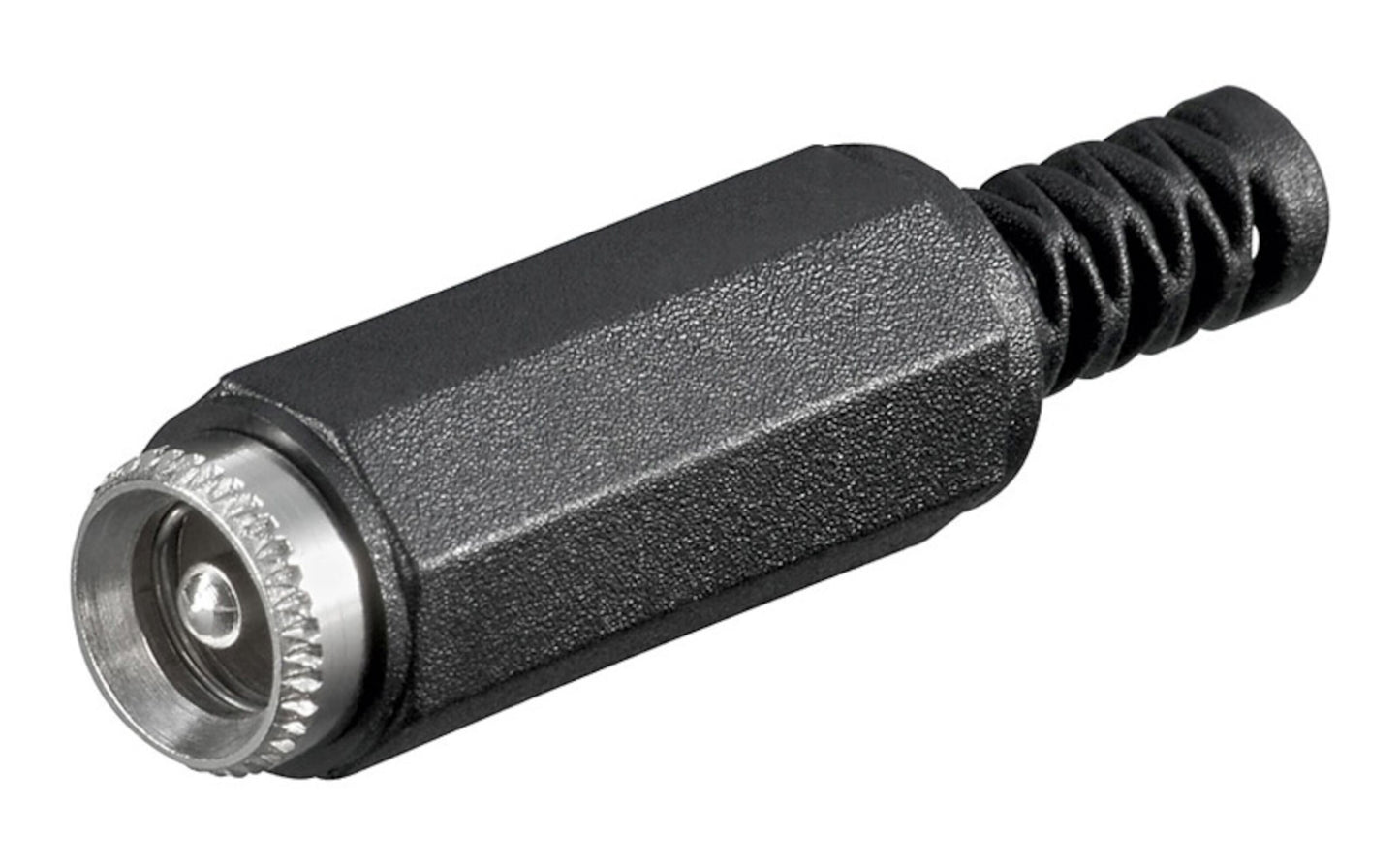 DC-stik med midterstift og loddeforbindelse 2,5 mm, sort hus, metalspids og fleksibel trækaflastning.