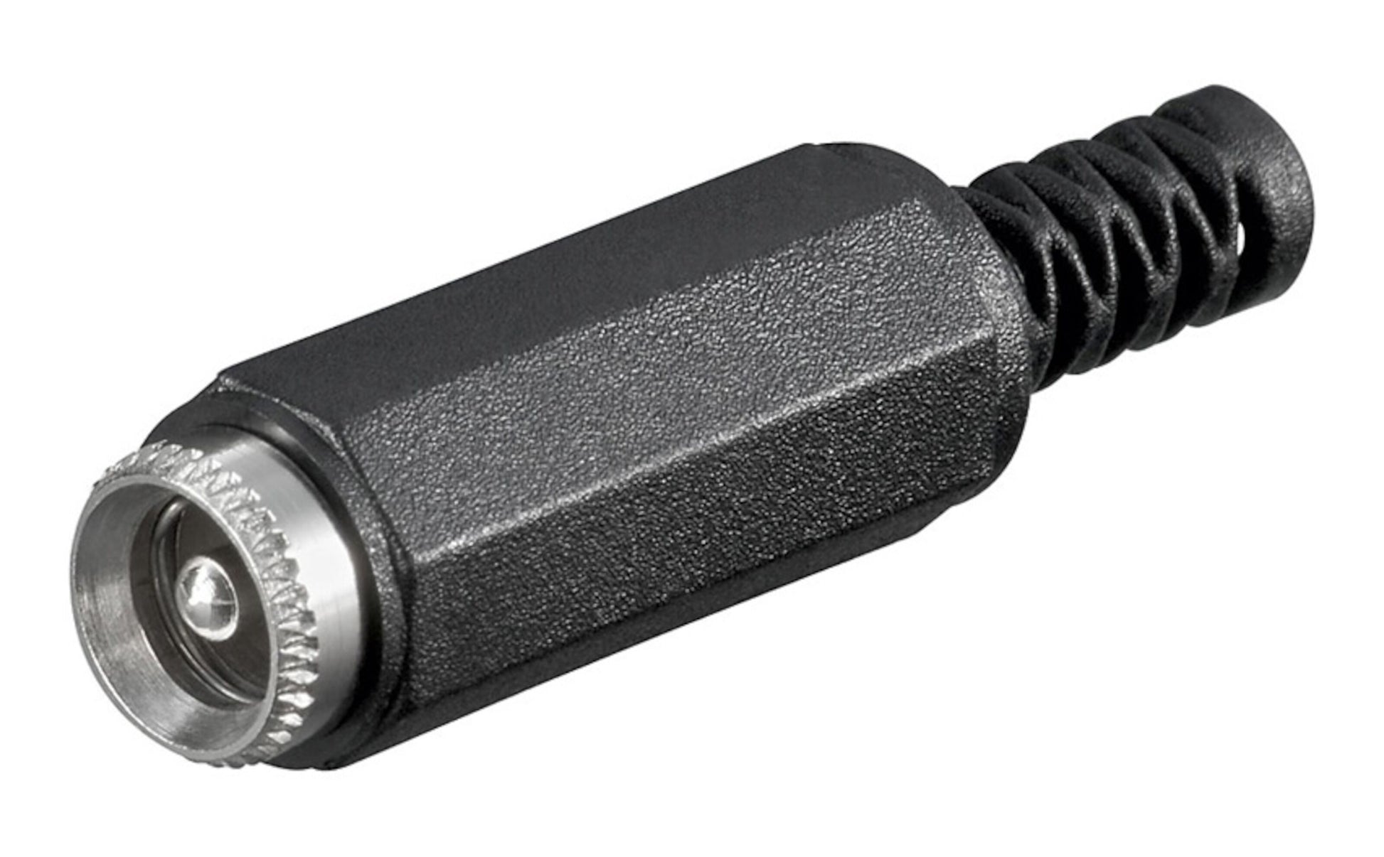 DC-stik med midterstift og loddeforbindelse 2,5 mm, sort hus, metalspids og fleksibel trækaflastning.