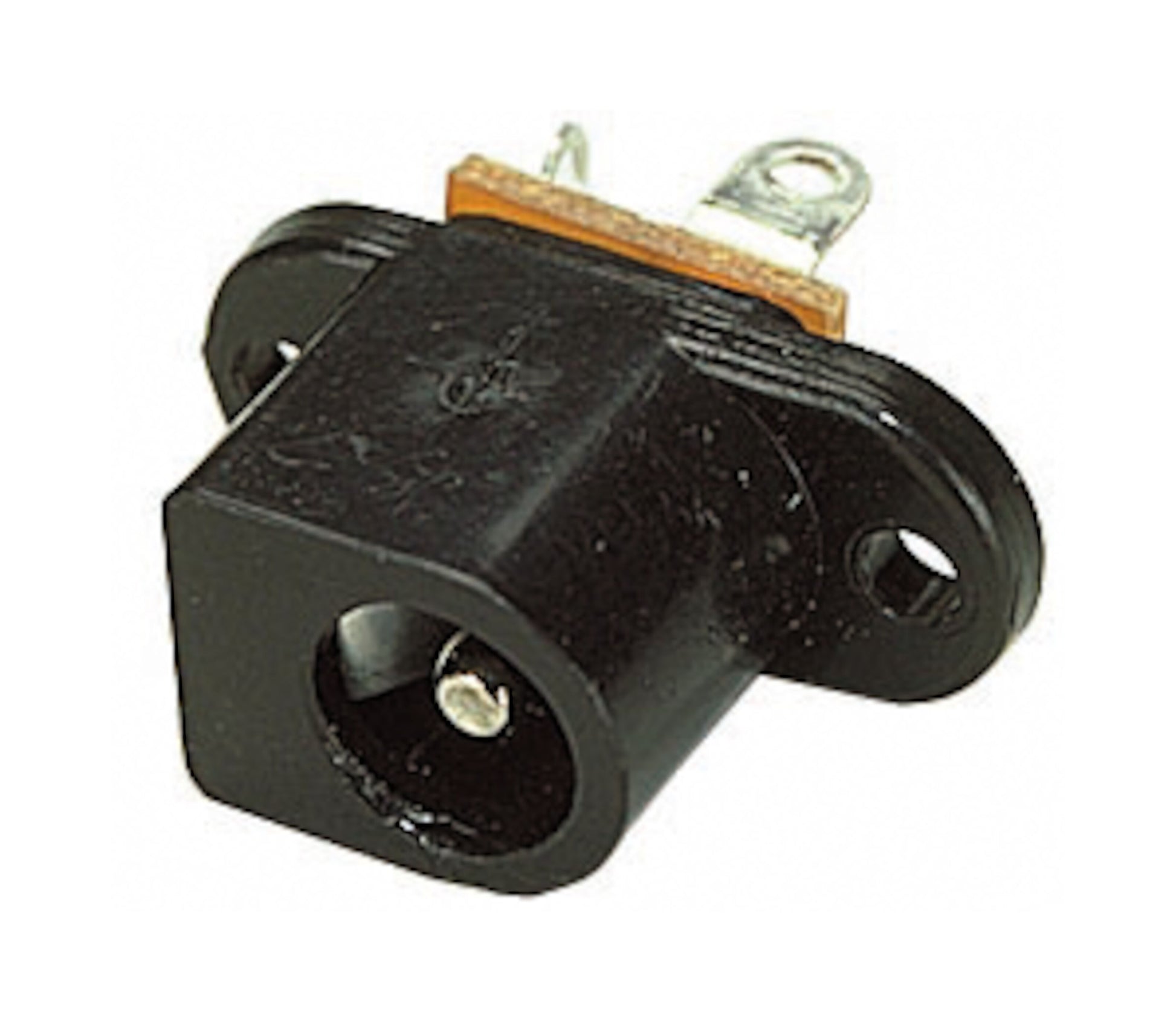 DC-stik 2,1 mm til panelmontering, rund åbning, metalloddeterminaler i top, flanger og monteringshuller på siderne.