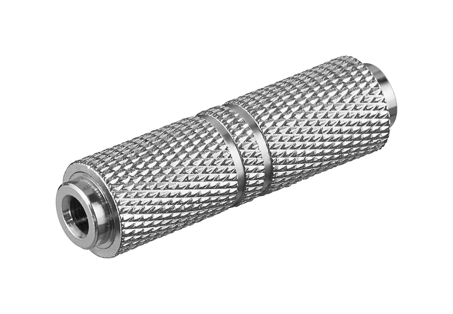 Dobbelt 3,5 mm stereo metaladapter med rillet overflade og cylinderform, hunstik i begge ender.