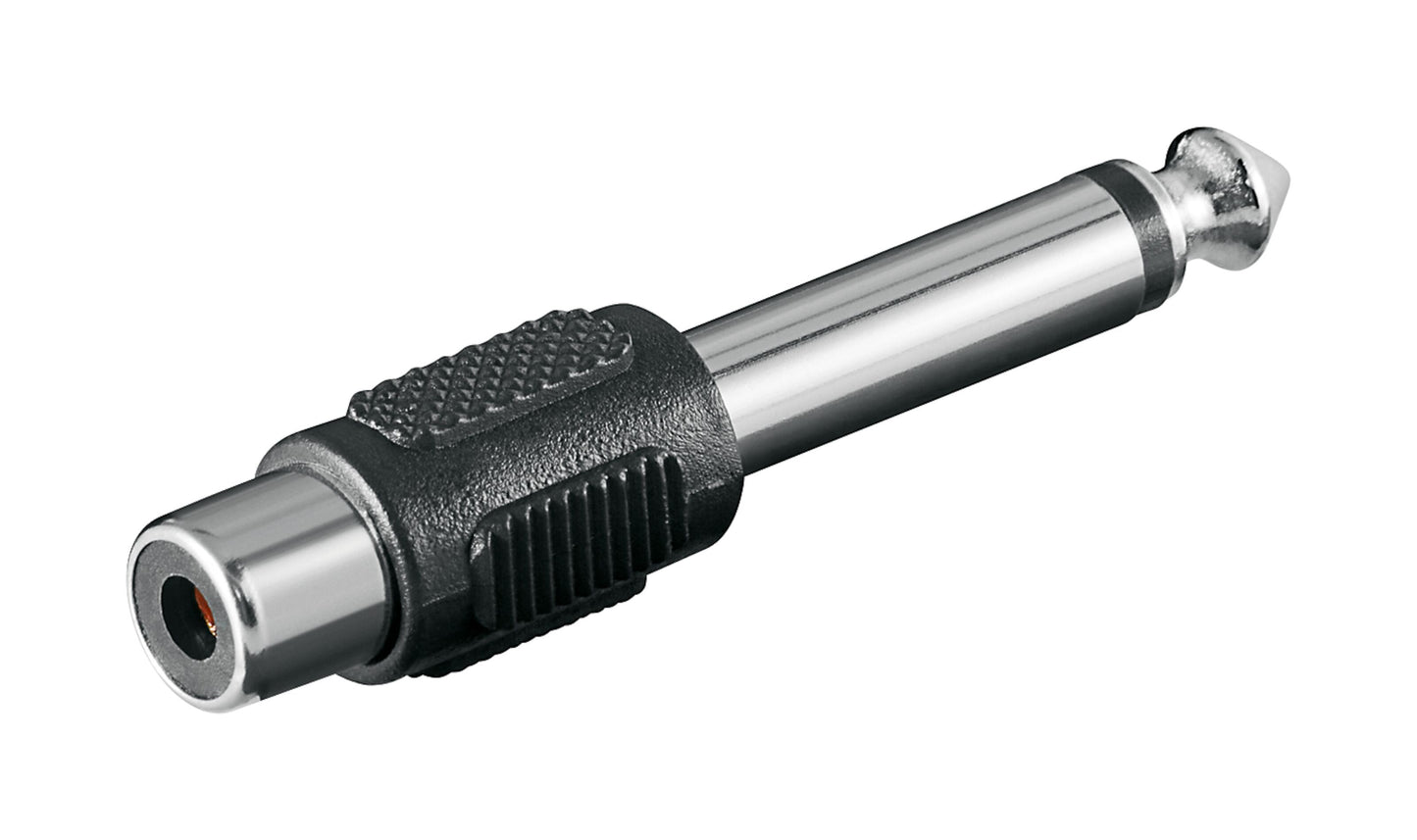 Lydadapter RCA til 6,3 mm mono med metal 6,3 mm jack, sort plastgreb, hun RCA og han mono slutning.