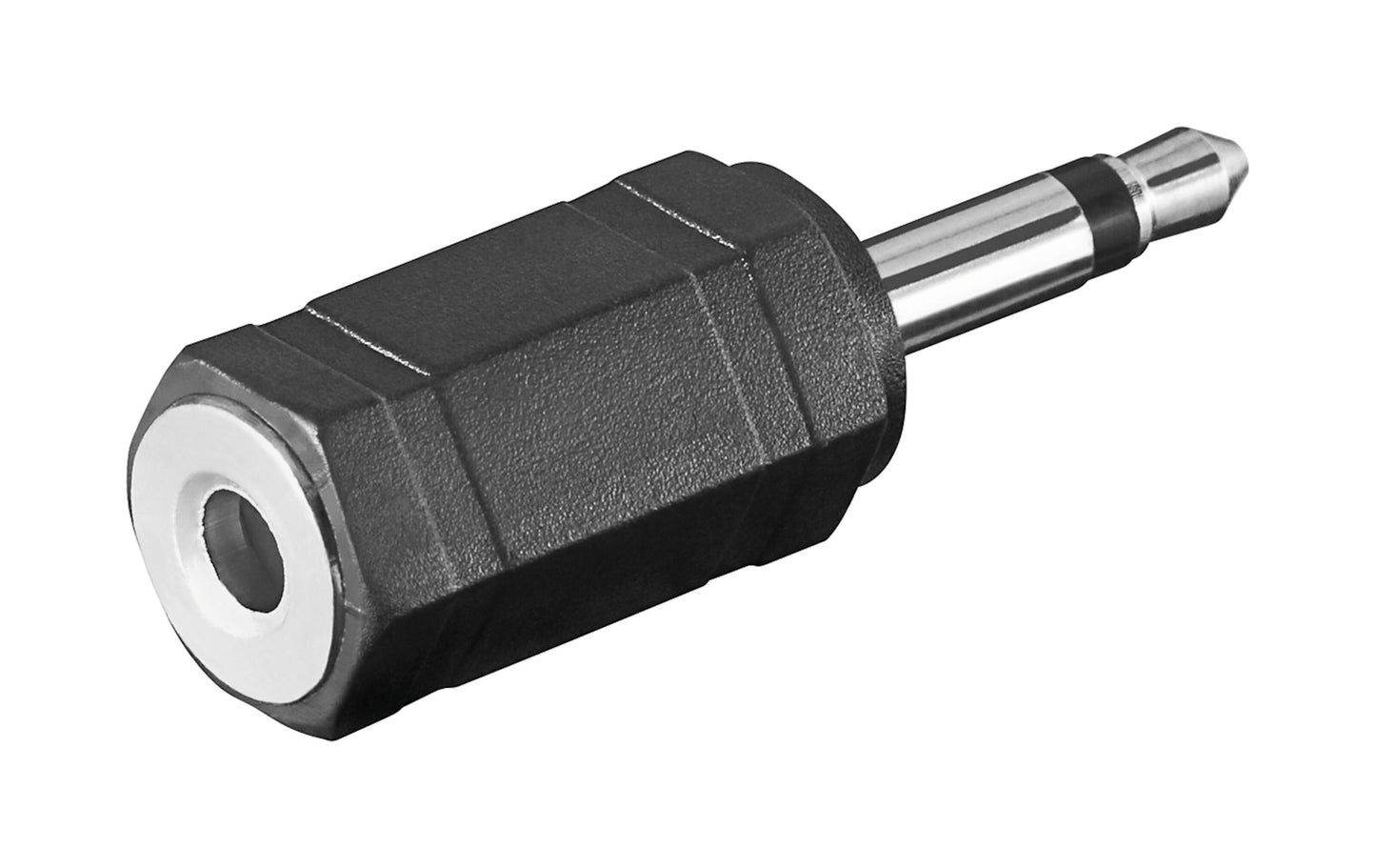 Lydadapter 3,5 mm stereo til mono, sort, 3,5 mm han til 6,35 mm hun jack, kompakt design.