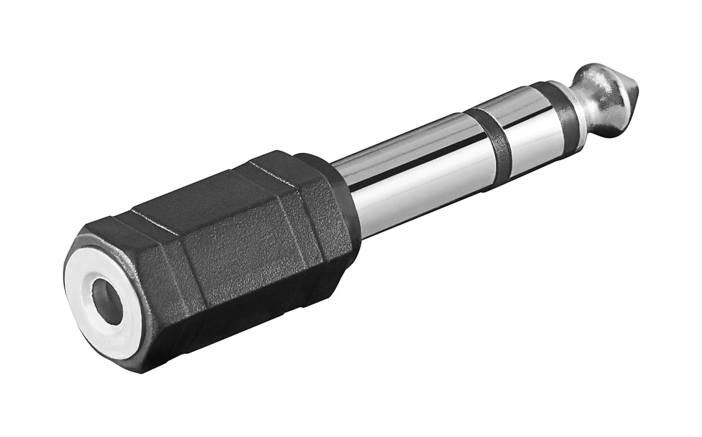 Luxorparts lydadapter 3,5 mm til 6,3 mm stereo, sort/sølv, hun 3,5 mm jack og han 6,3 mm jack.