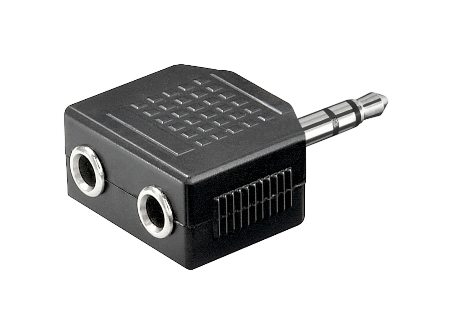 Headsetsplitter 3,5 mm sort adapter med 1x hanstik og 2x hunporte til lyd, uden synlige logoer eller emballage.