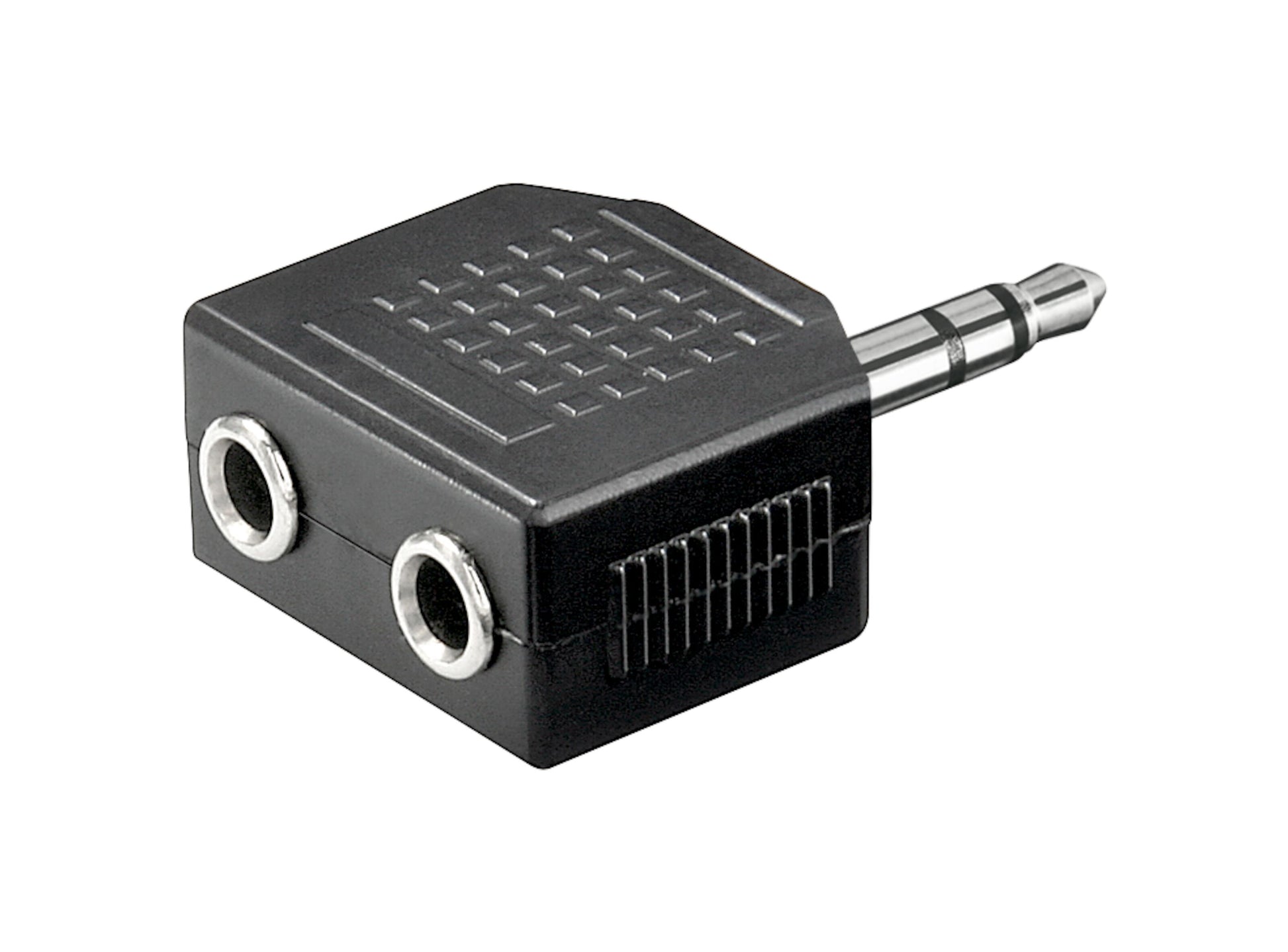 Headsetsplitter 3,5 mm sort adapter med 1x hanstik og 2x hunporte til lyd, uden synlige logoer eller emballage.